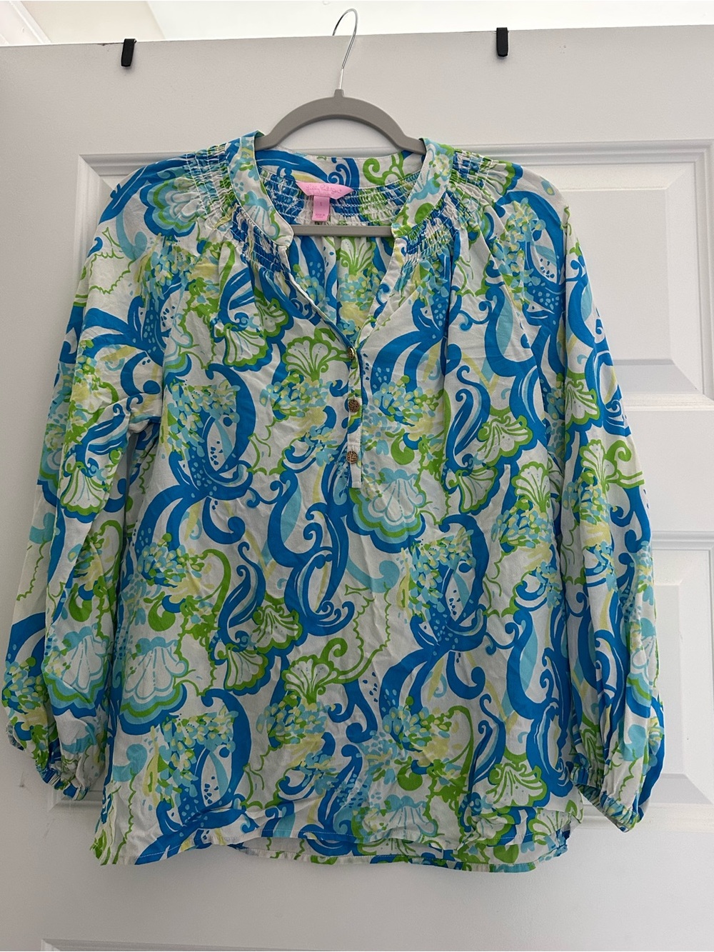 Lilly Pulitzer Blue & Green Printed Peasant Top